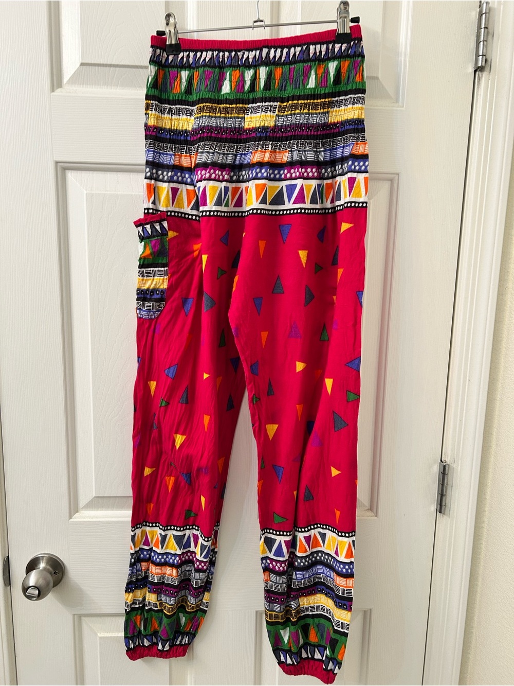 Bright Pink Geometric Print Rayon Harem Pants with Elastic Waist